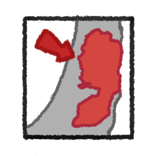 an outline of the west bank/judea and samaria colored in red with a red arrow pointing to it. there is a partial piece of the map of israel in gray around it, cut off by the black outline.